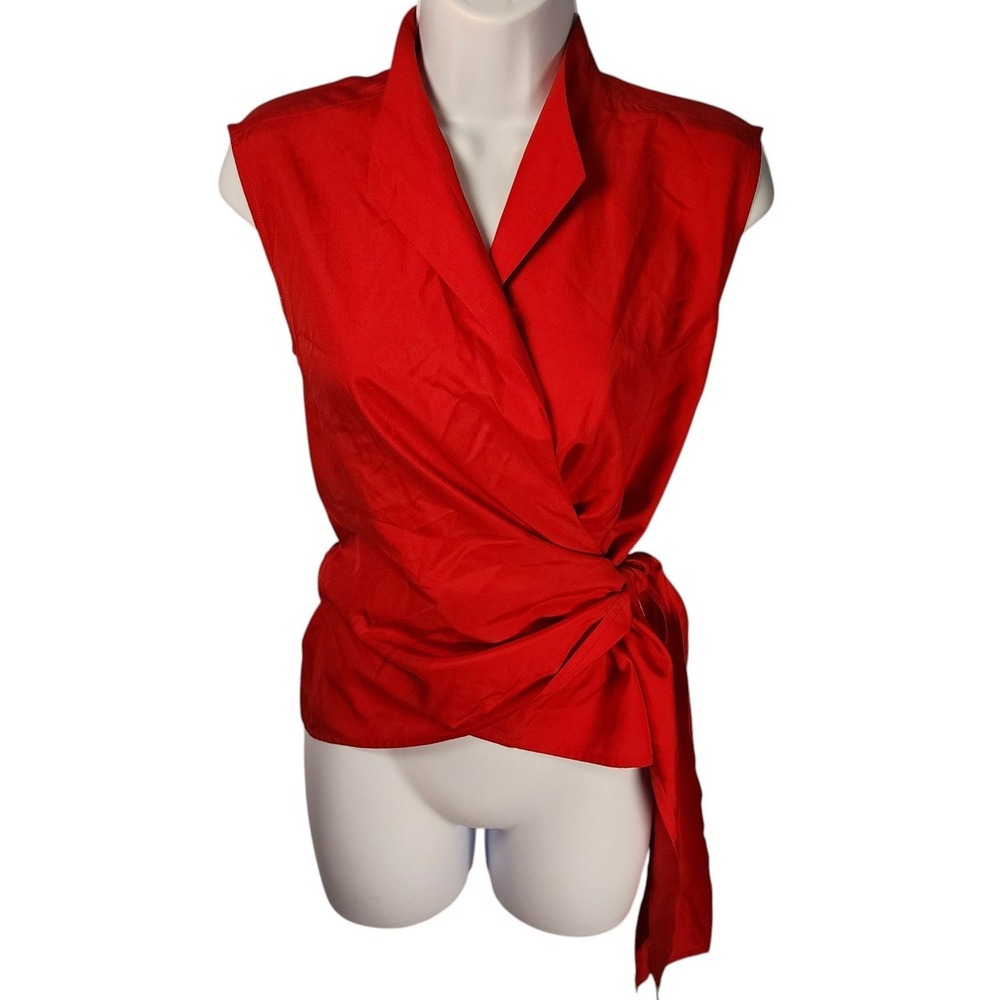 Dana Buchman Vintage 90s Red 100% Silk Wrap Blouse Sleeveless Side Tie Top 12